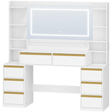 Dressing Table with Mirror & LED Lights, 8 Drawers, Makeup Vanity Desk, White-Gold