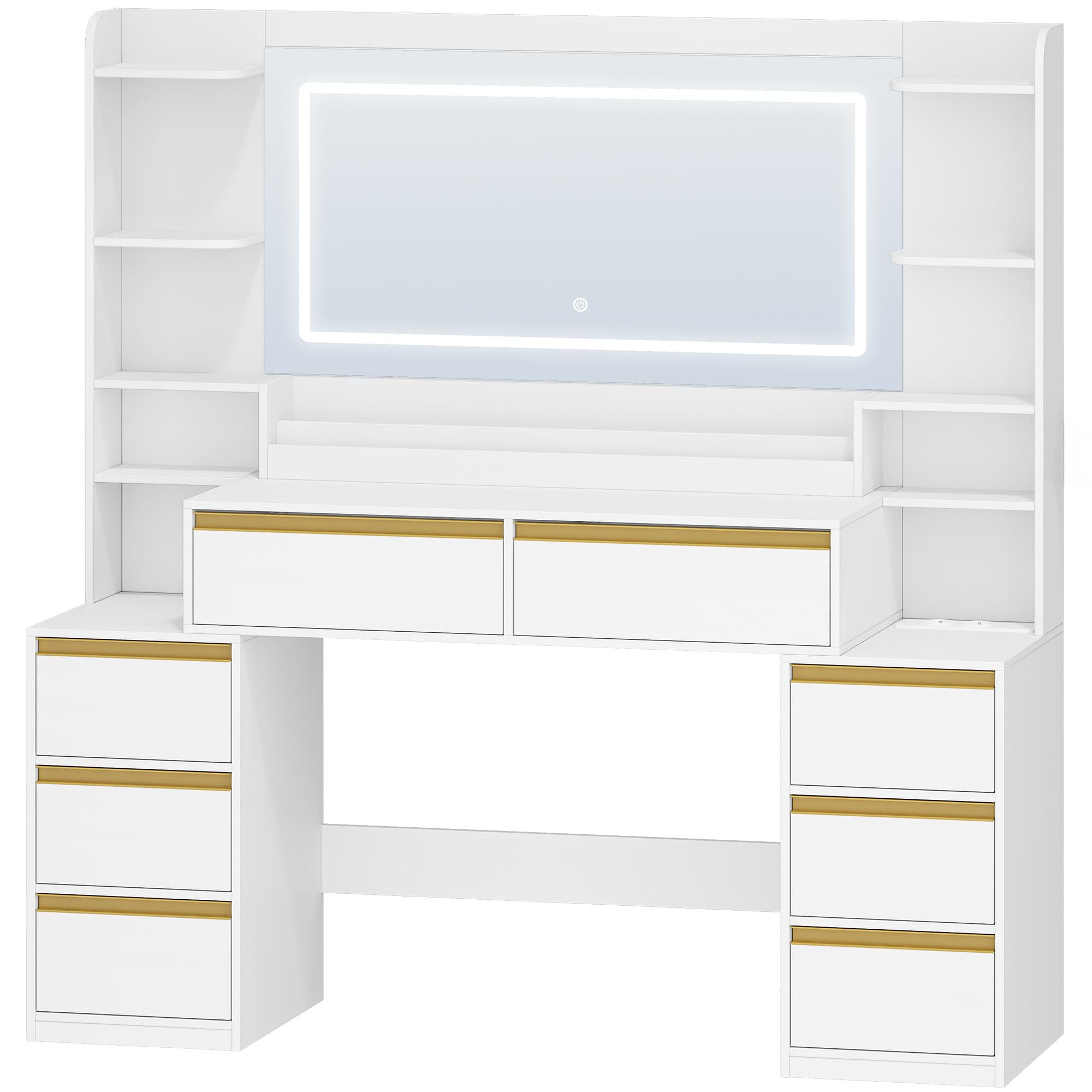 Dressing Table with Mirror & LED Lights, 8 Drawers, Makeup Vanity Desk, White-Gold