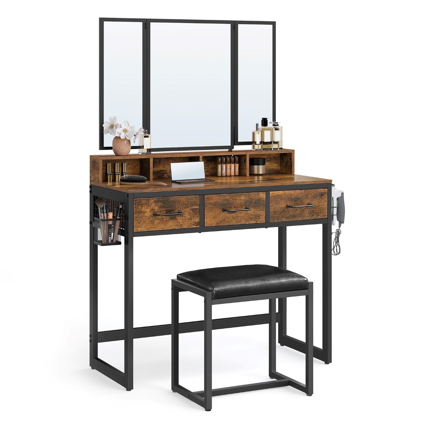 Dressing Table with Tri-Fold Mirror and Stool, 3 Drawers, Hair Dryer Holder, Industrial Rustic Brown & Black