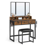 Dressing Table with Tri-Fold Mirror and Stool, 3 Drawers, Hair Dryer Holder, Industrial Rustic Brown & Black
