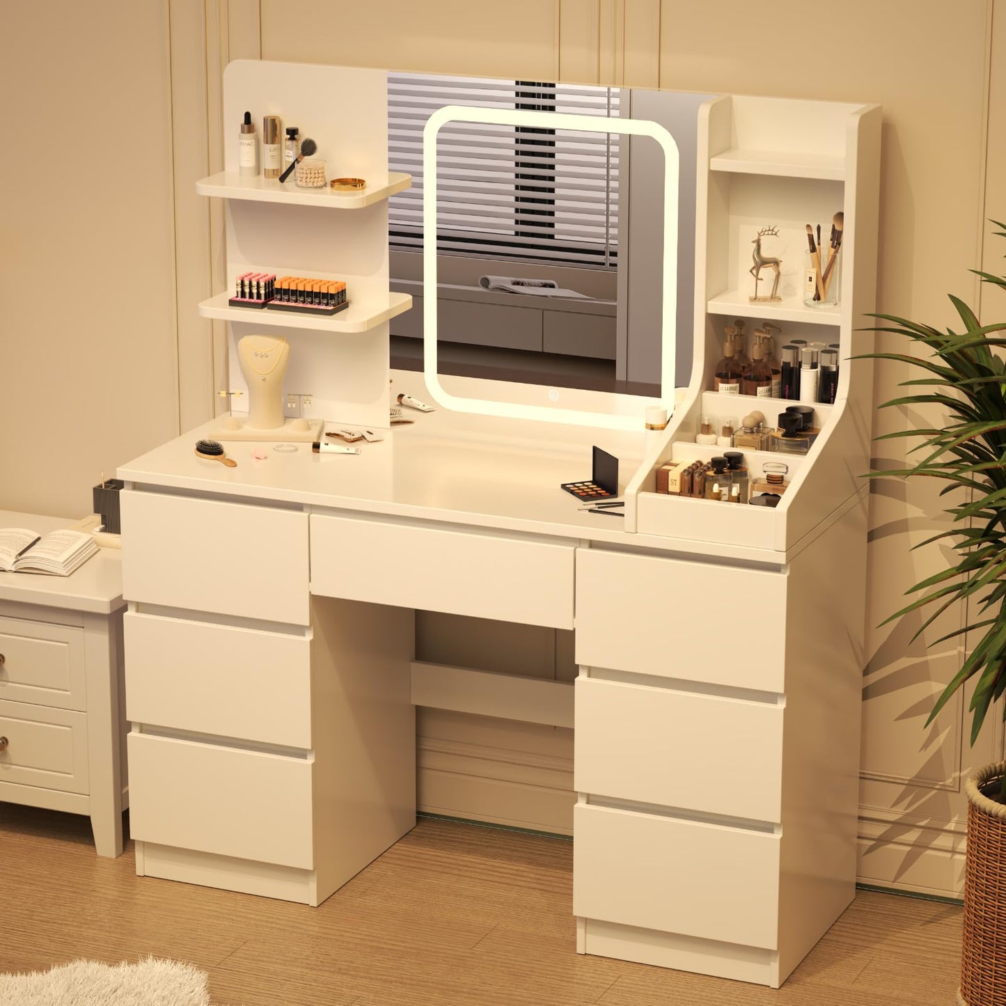 Dressing Table with Large Lighted Mirror, 7 Drawers, 4 Shelves & 3 Open Compartments, Modern White Vanity Desk