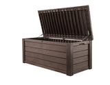 570L Outdoor Garden Storage Box, Brown Wood Panel Effect, Lockable, All-Weather, Fade-Free