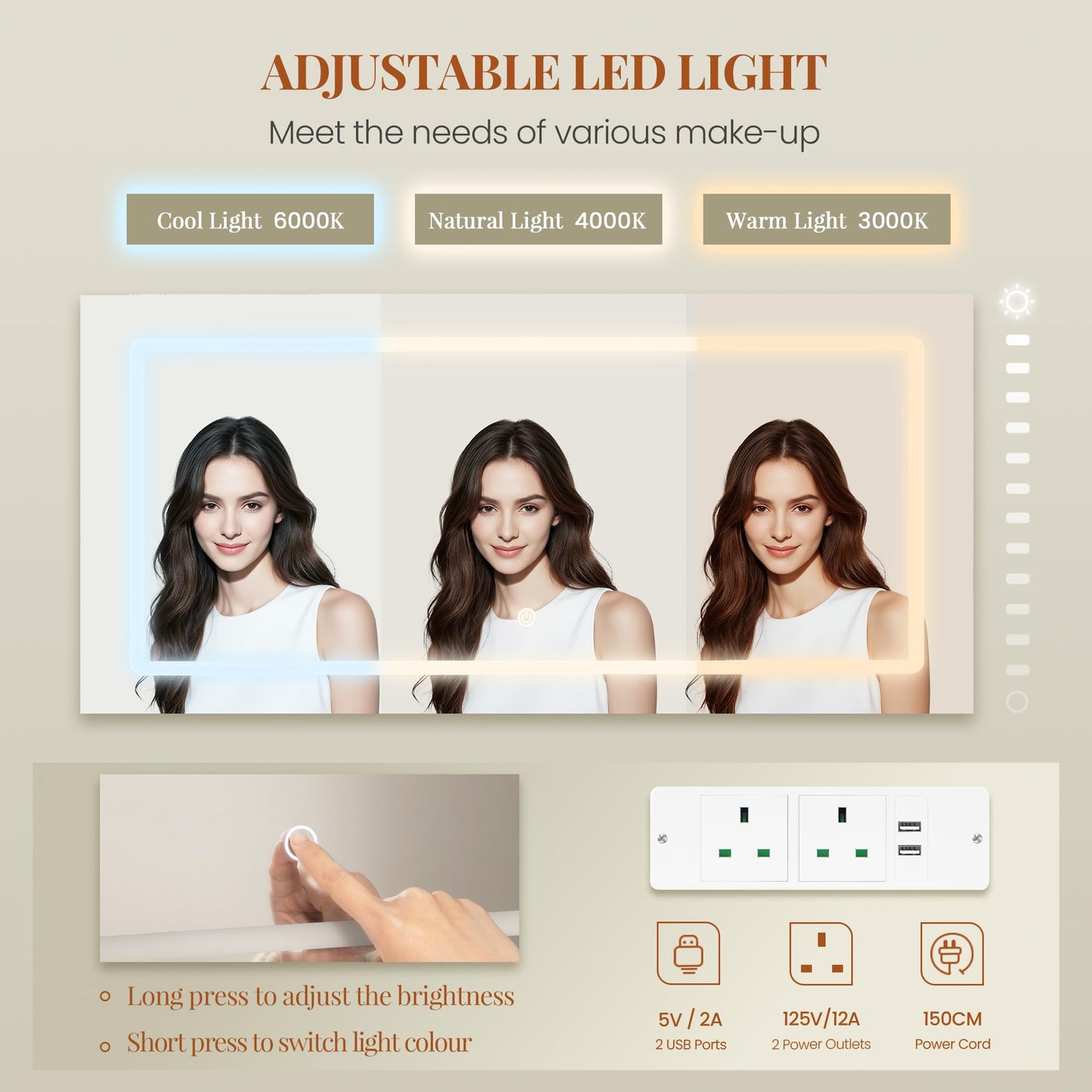 Dressing Table with Mirror & LED Lights, 8 Drawers, Makeup Vanity Desk, White-Gold