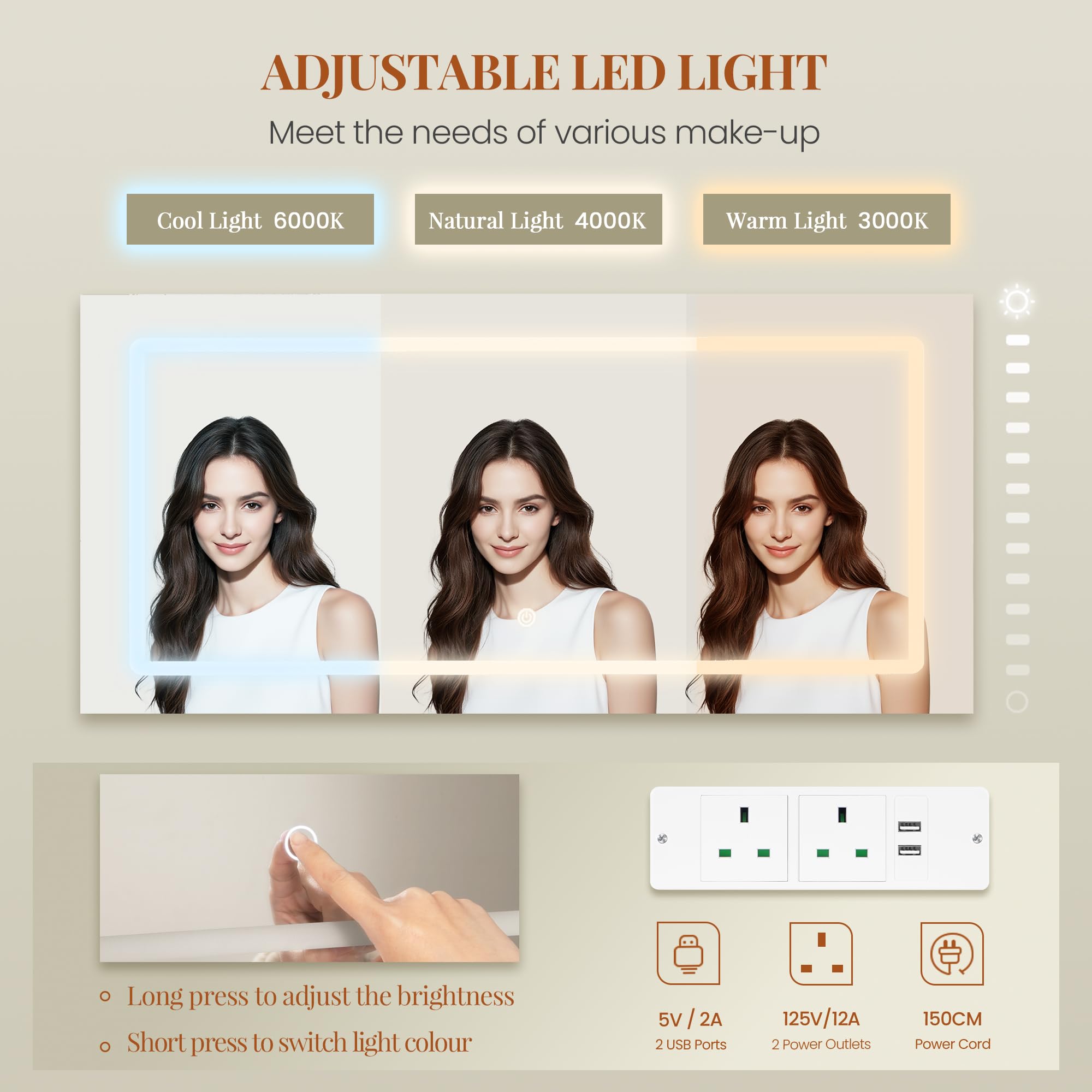 Dressing Table with Mirror & LED Lights, 8 Drawers, Makeup Vanity Desk, White-Gold