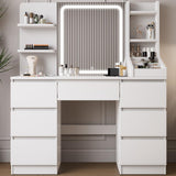 Dressing Table with Large Lighted Mirror, 7 Drawers, 4 Shelves & 3 Open Compartments, Modern White Vanity Desk
