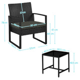 3 Piece Rattan Garden Bistro Set with Cushioned Chairs & Glass Table Black Grey