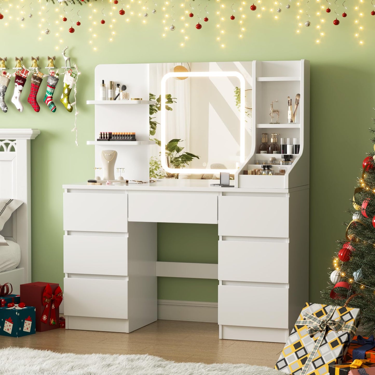 Dressing Table with Large Lighted Mirror, 7 Drawers, 4 Shelves & 3 Open Compartments, Modern White Vanity Desk
