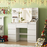 Dressing Table with Large Lighted Mirror, 7 Drawers, 4 Shelves & 3 Open Compartments, Modern White Vanity Desk