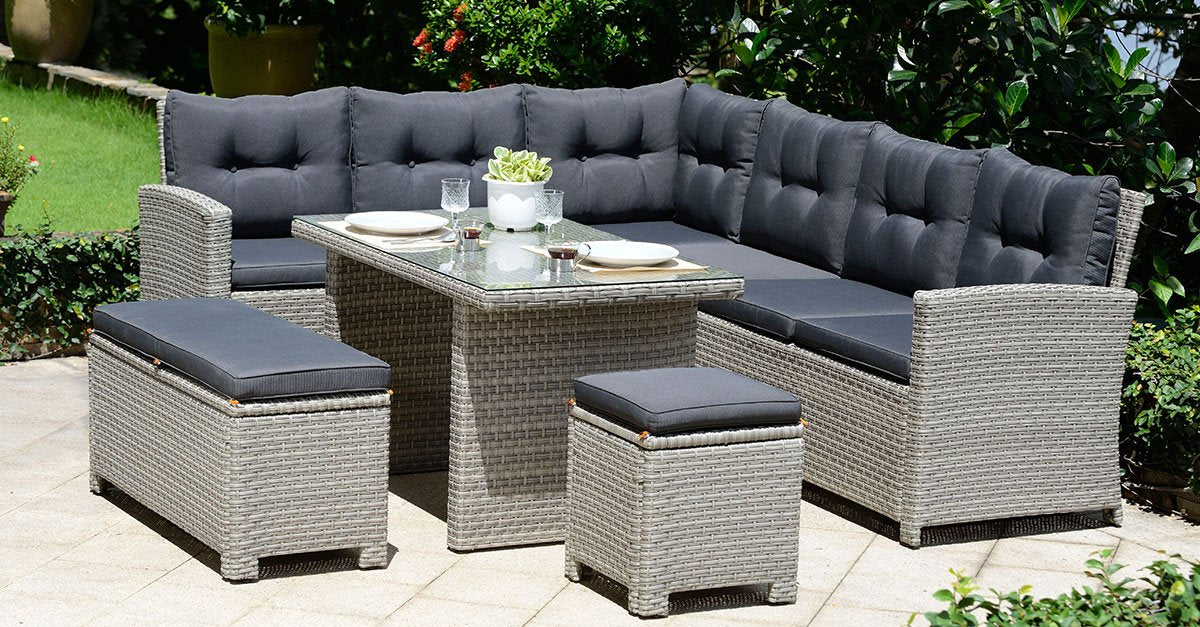 10 Seater Luxury Rattan Garden Dining Set with Cushions & Glass Table Grey Brown