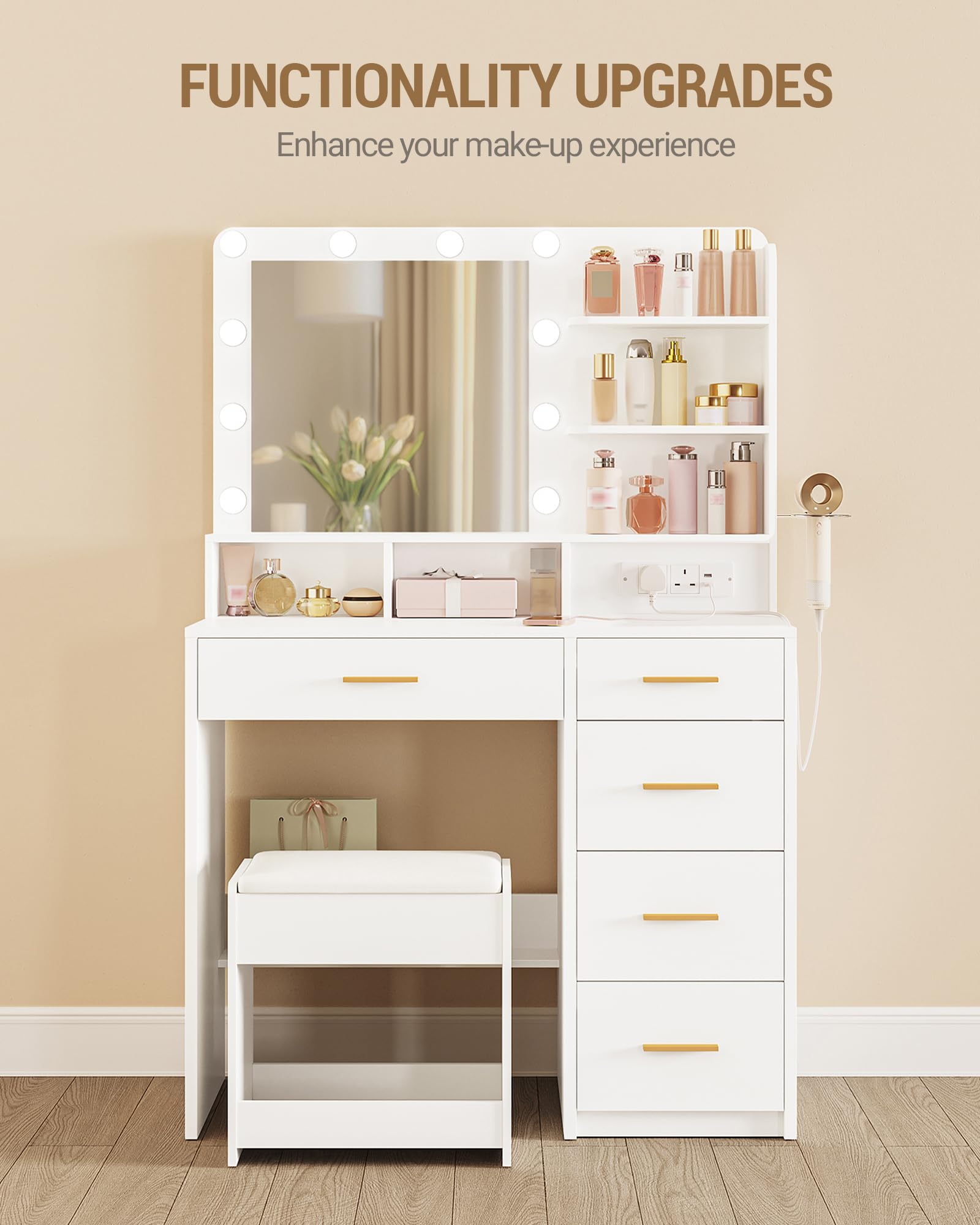 Dressing Table with Mirror & 3-Color LED Lights, 6 Storage Areas, Stool, White