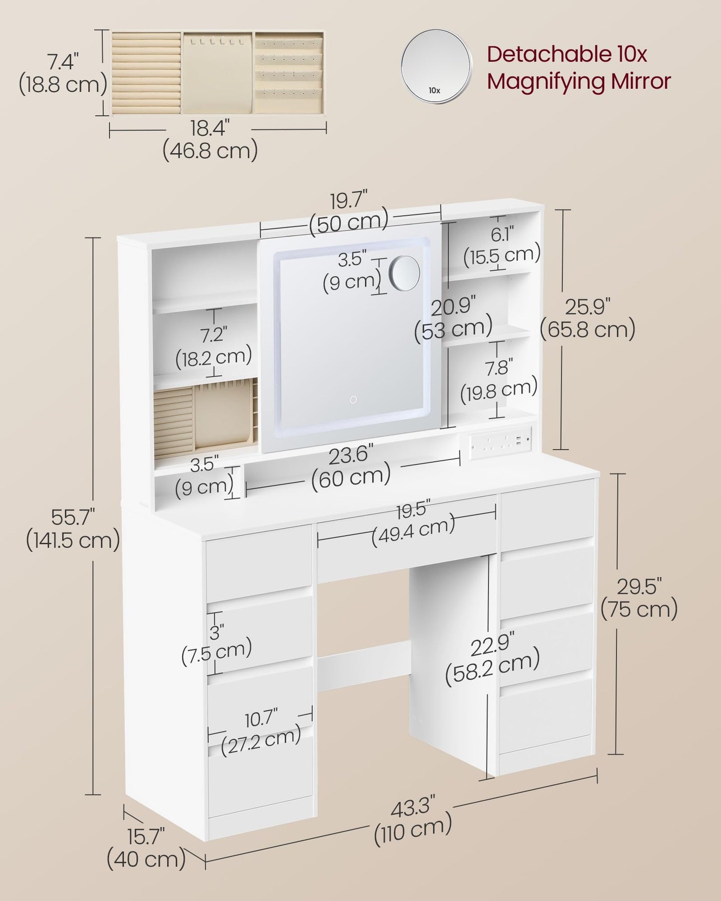 Dressing Table with LED Mirror & 10x Magnifying Mirror, 9 Drawers, Power Outlets, Cloud White