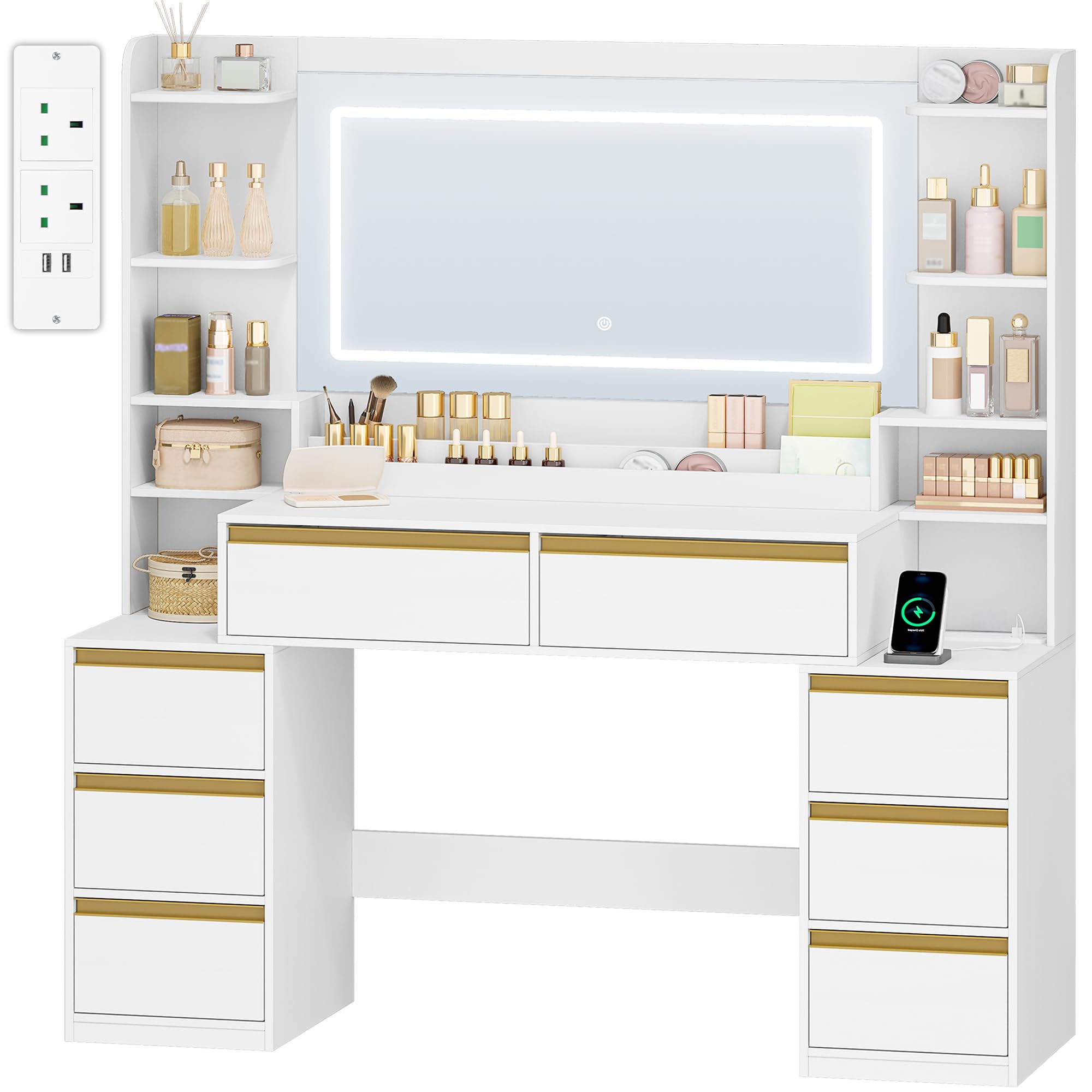 Dressing Table with Mirror & LED Lights, 8 Drawers, Makeup Vanity Desk, White-Gold