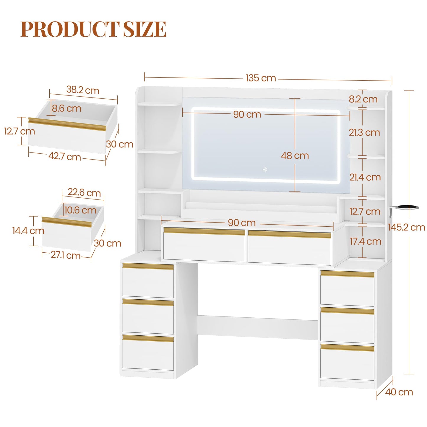 Dressing Table with Mirror & LED Lights, 8 Drawers, Makeup Vanity Desk, White-Gold