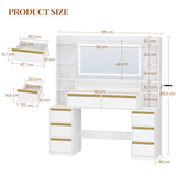 Dressing Table with Mirror & LED Lights, 8 Drawers, Makeup Vanity Desk, White-Gold