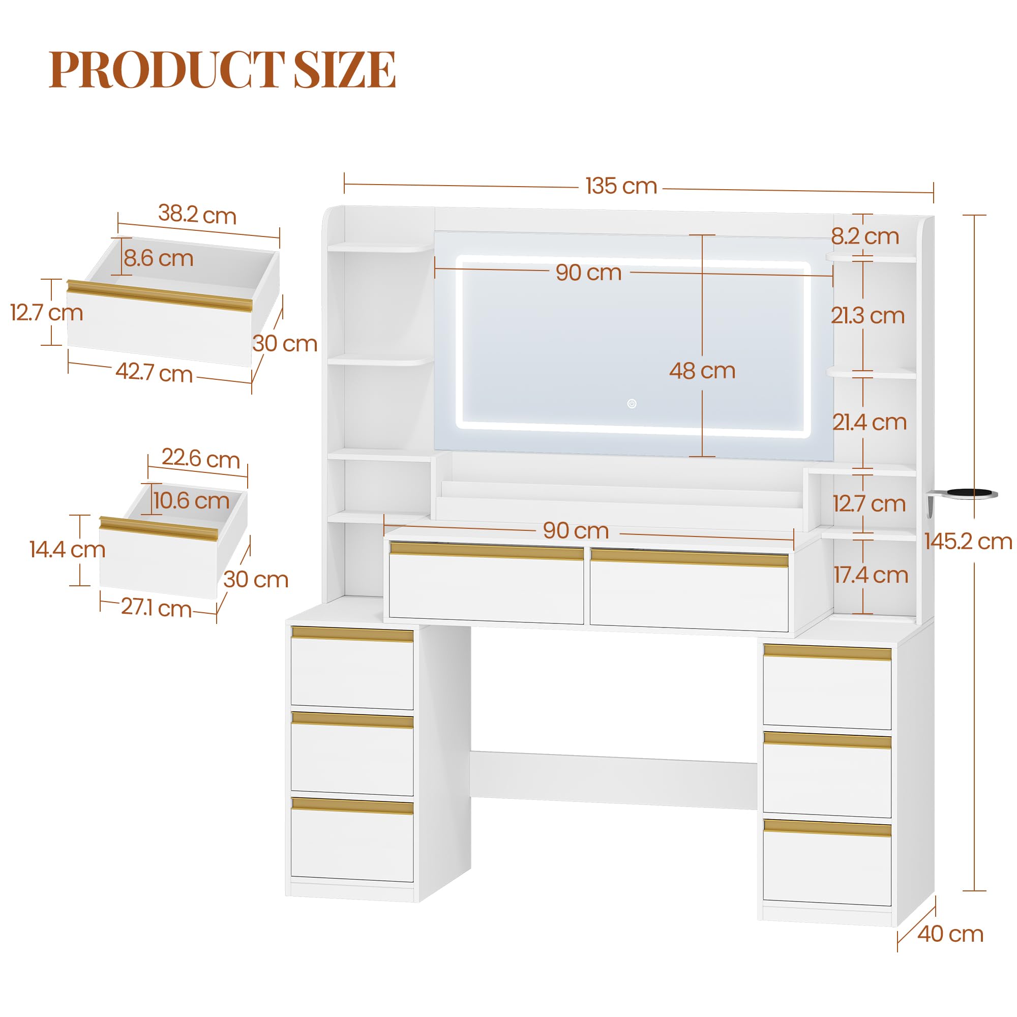 Dressing Table with Mirror & LED Lights, 8 Drawers, Makeup Vanity Desk, White-Gold