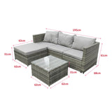 4 Seater Rattan Garden Corner Sofa Set with Glass Coffee Table & Cushions Grey