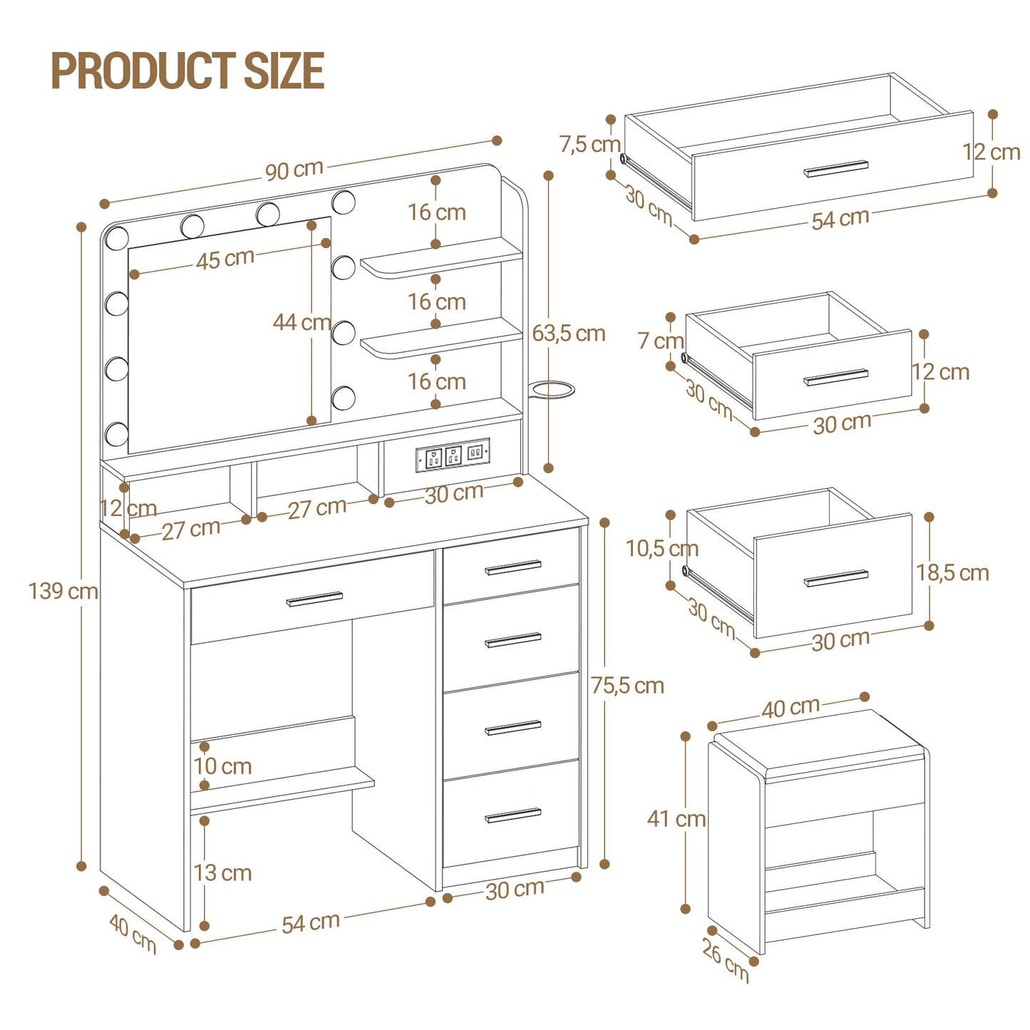 Dressing Table with Mirror & 3-Color LED Lights, 6 Storage Areas, Stool, White