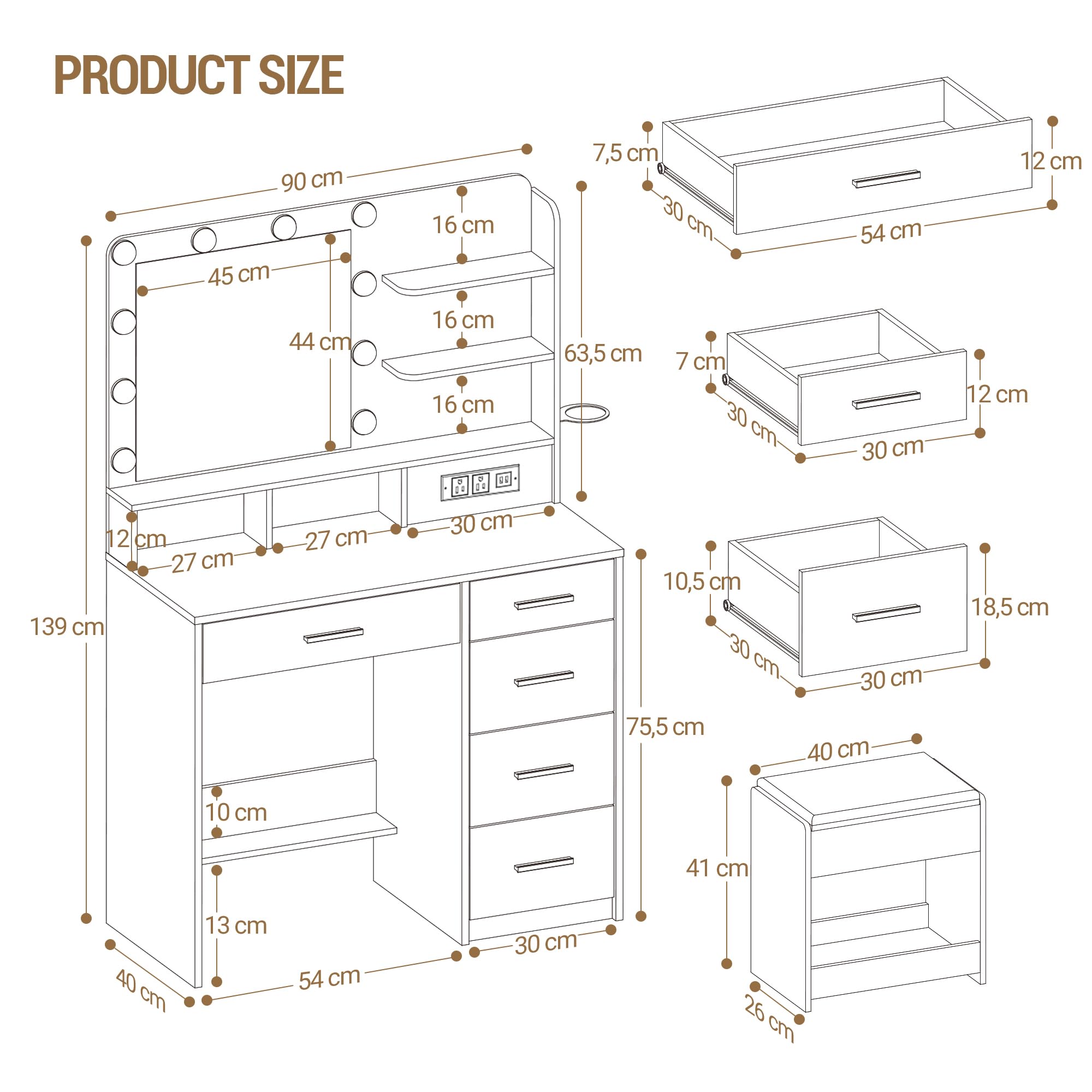 Dressing Table with Mirror & 3-Color LED Lights, 6 Storage Areas, Stool, White