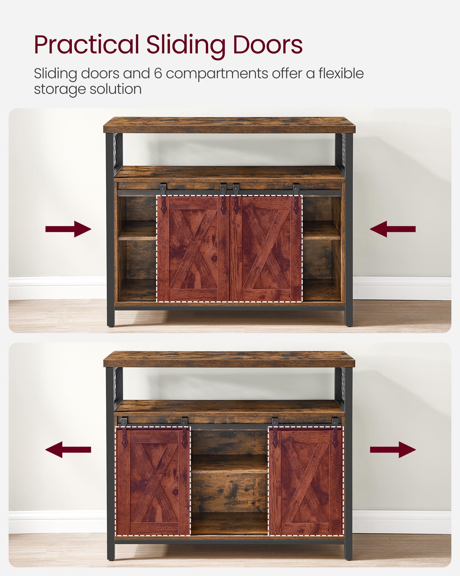 Sideboard with 2 Sliding Barn Doors, Adjustable Shelves, Kitchen & Living Room Cabinet, Rustic Brown & Black