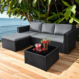 3 Piece Rattan Garden Furniture Set with Cushioned Sofa, Footstool & Glass Table Grey