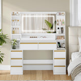 Dressing Table with Mirror & LED Lights, 8 Drawers, Makeup Vanity Desk, White-Gold