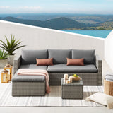5 Piece Rattan Garden Furniture Set with Ottoman & Glass Coffee Table Grey