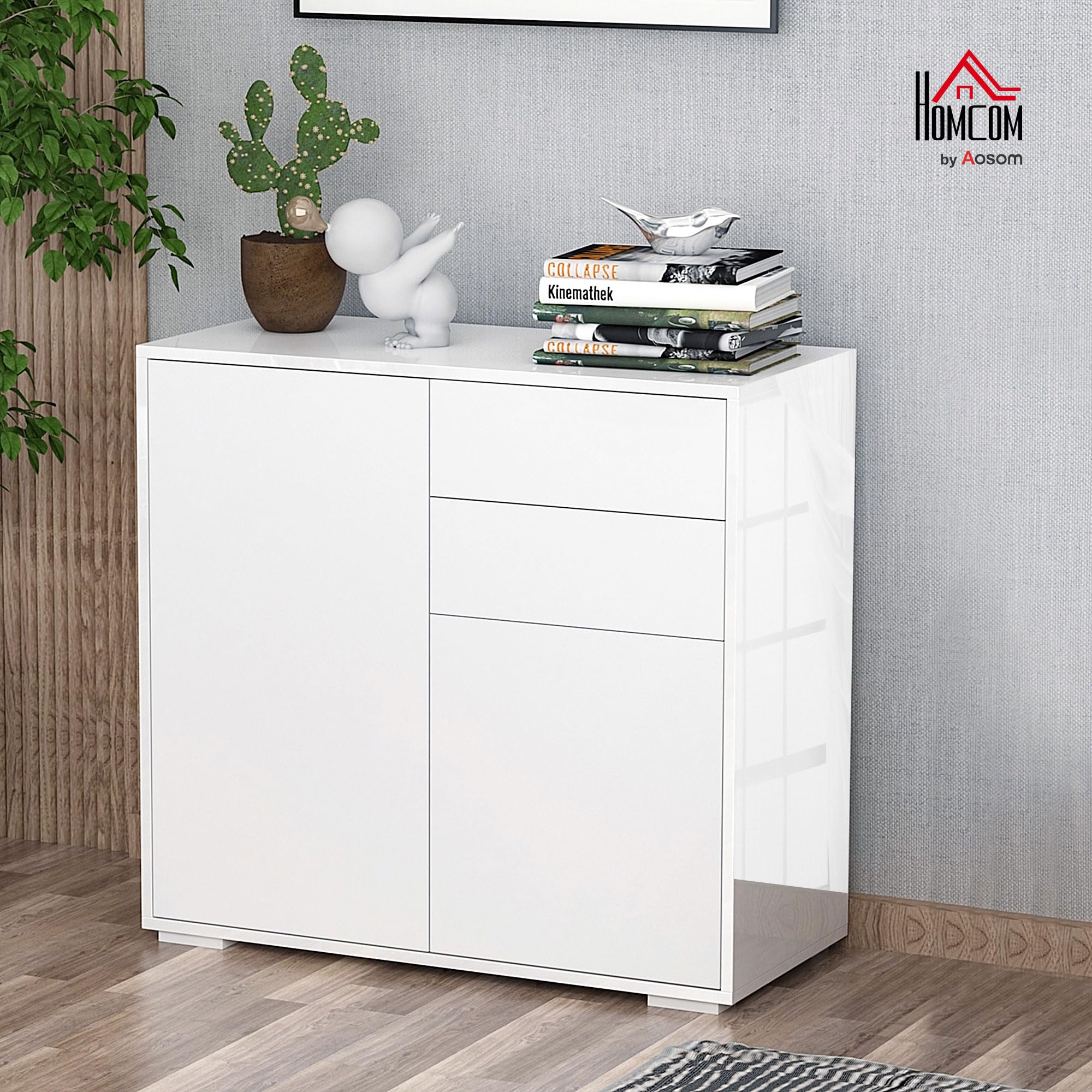 High Gloss Frame Sideboard, Push-Open Design with 2 Doors, Living Room & Bedroom Cabinet, White