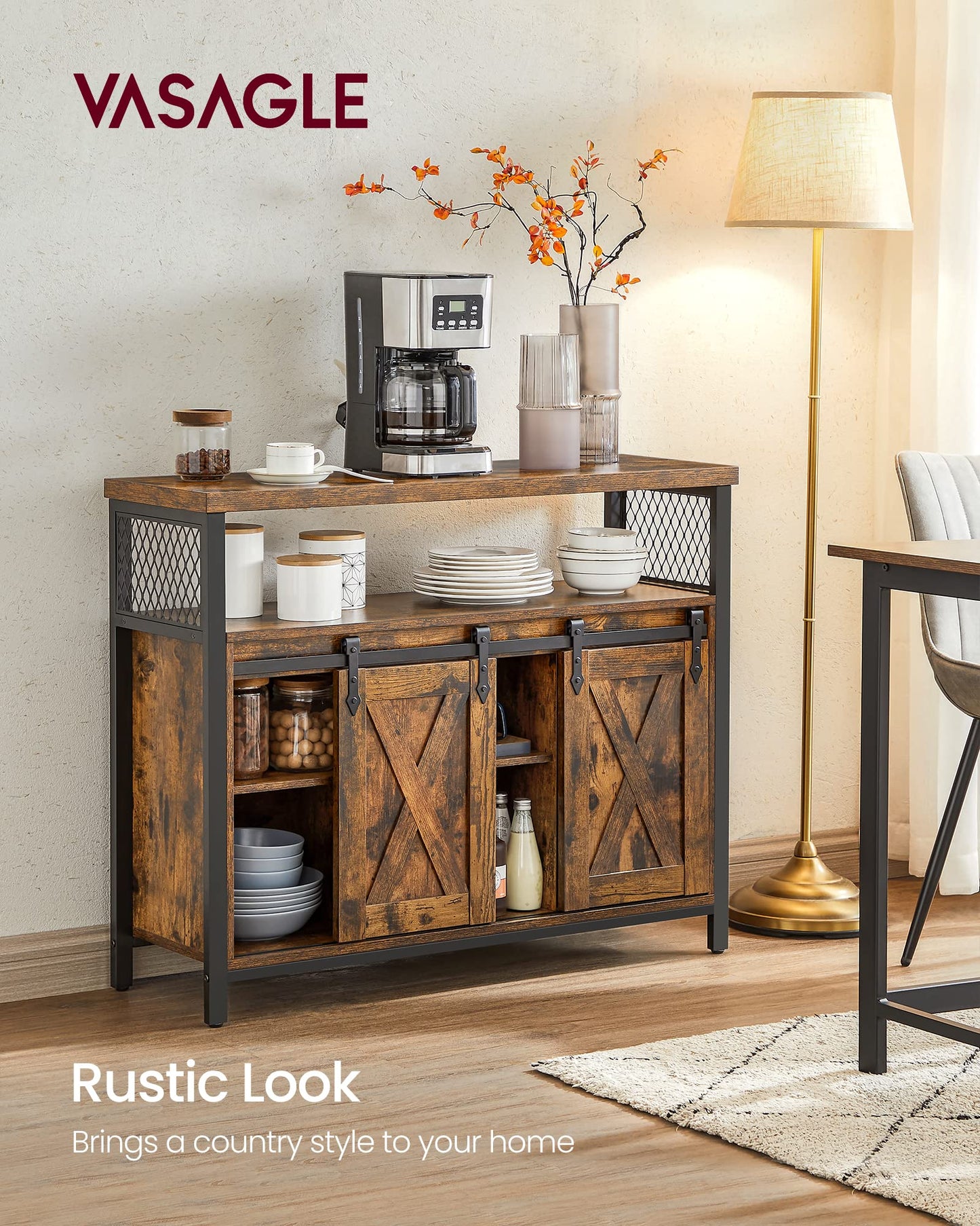 Sideboard with 2 Sliding Barn Doors, Adjustable Shelves, Kitchen & Living Room Cabinet, Rustic Brown & Black