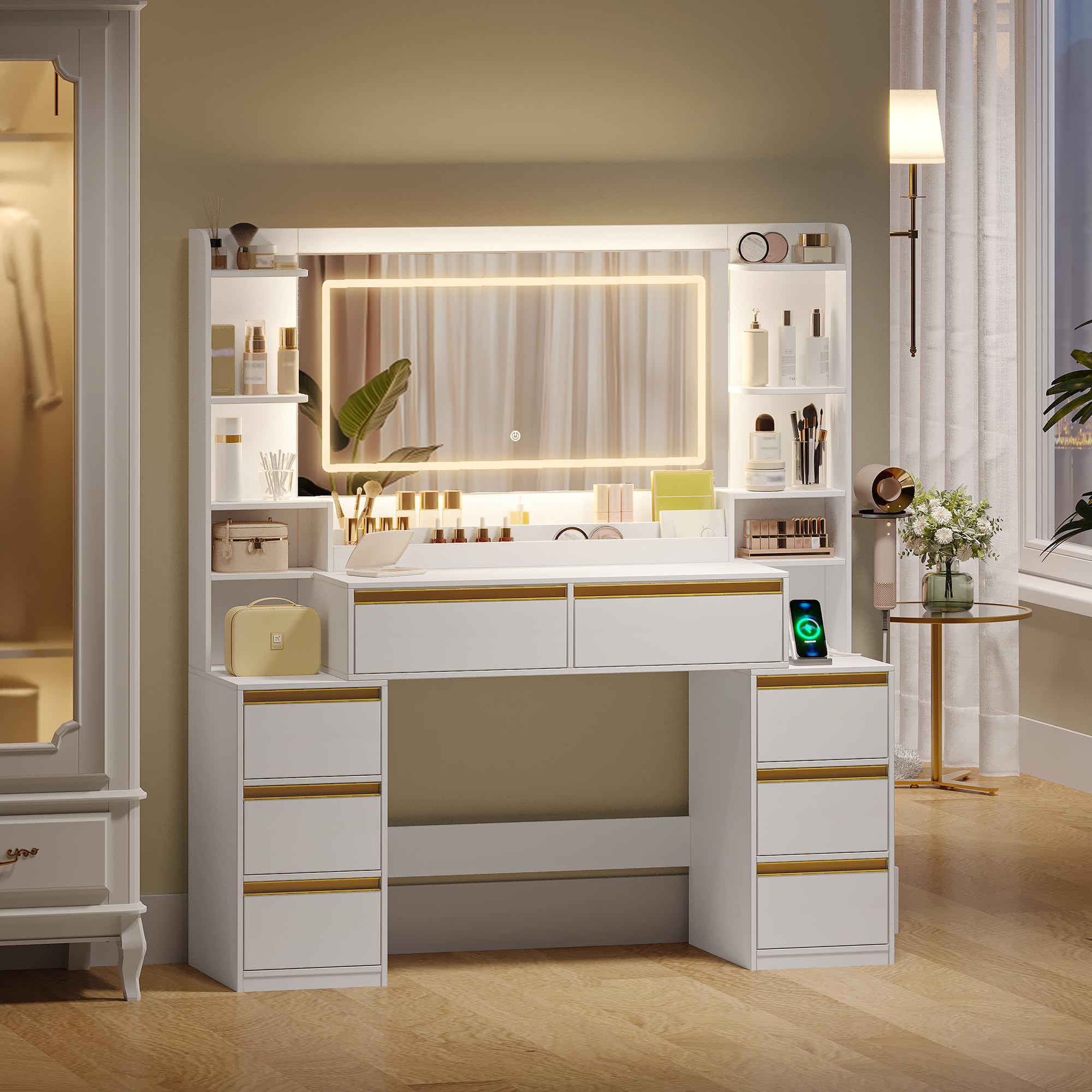 Dressing Table with Mirror & LED Lights, 8 Drawers, Makeup Vanity Desk, White-Gold