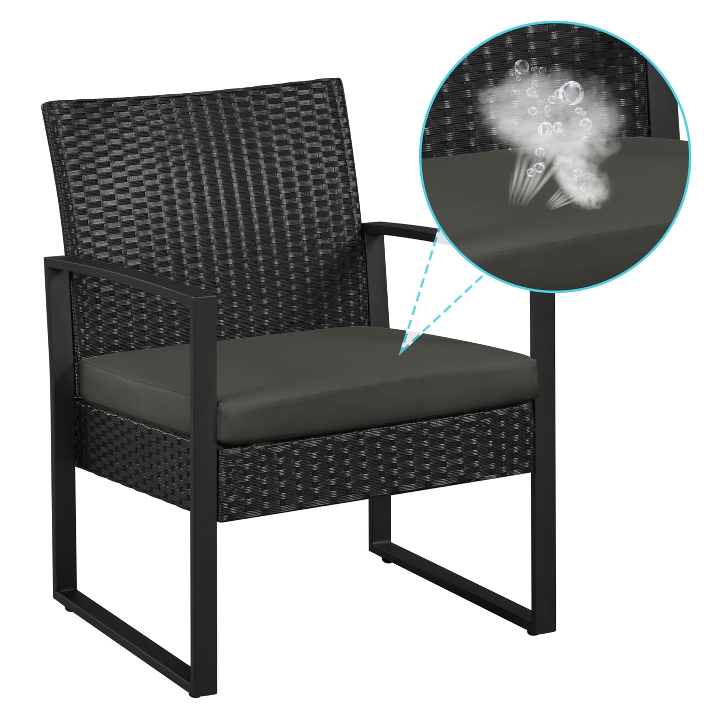 3 Piece Rattan Garden Bistro Set with Cushioned Chairs & Glass Table Black Grey