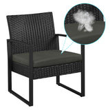 3 Piece Rattan Garden Bistro Set with Cushioned Chairs & Glass Table Black Grey