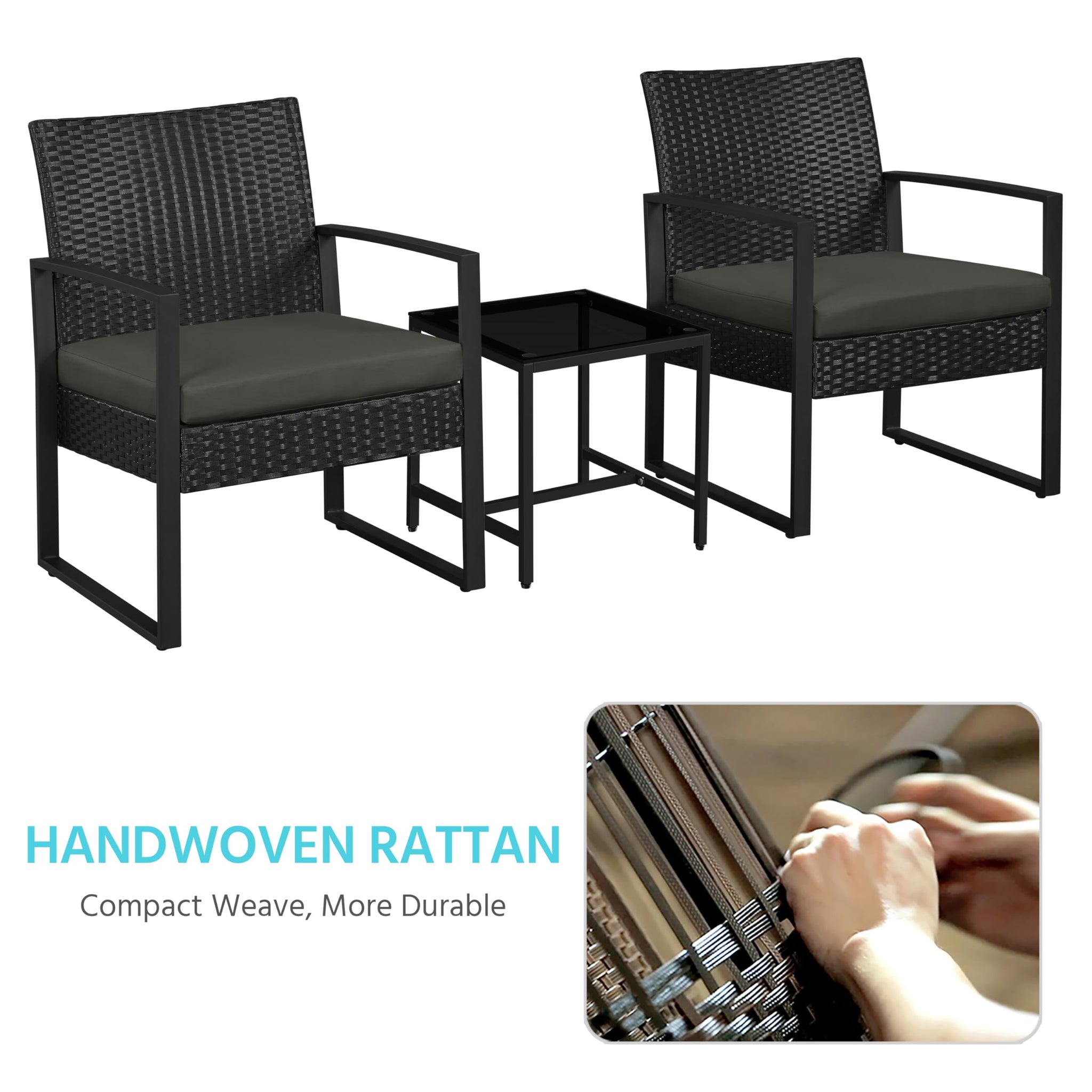 3 Piece Rattan Garden Bistro Set with Cushioned Chairs & Glass Table Black Grey
