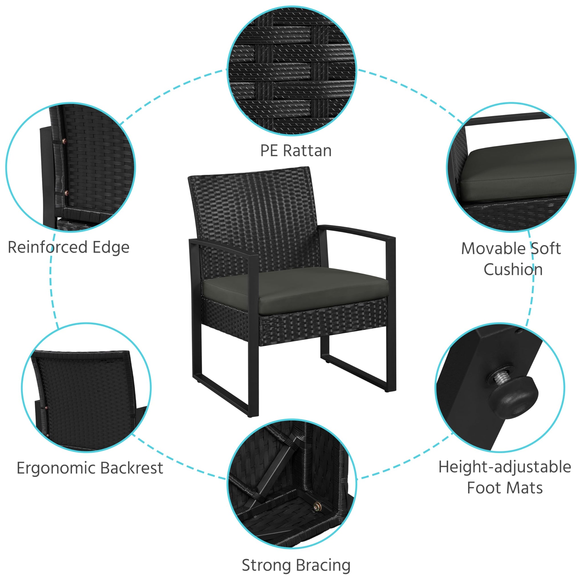 3 Piece Rattan Garden Bistro Set with Cushioned Chairs & Glass Table Black Grey