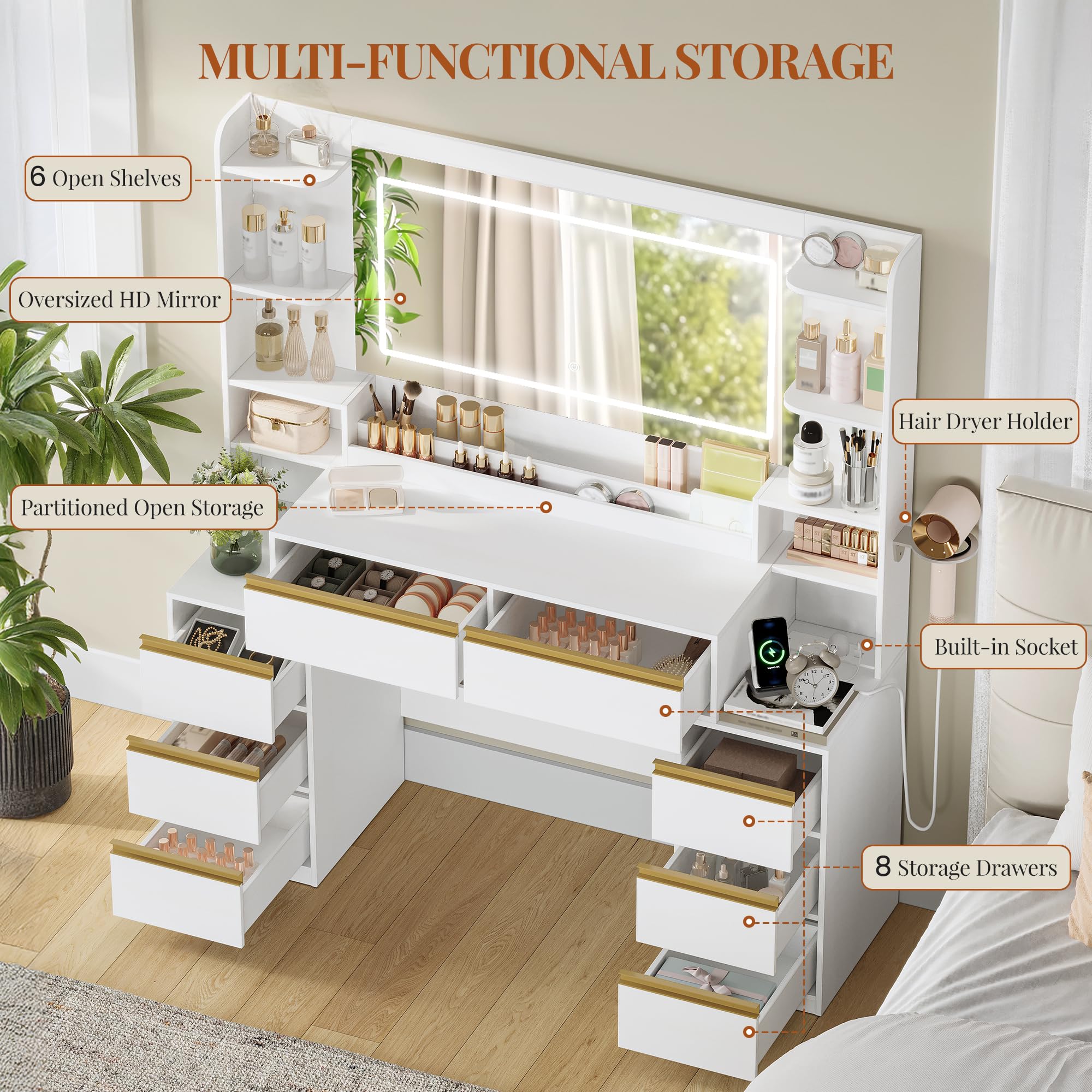 Dressing Table with Mirror & LED Lights, 8 Drawers, Makeup Vanity Desk, White-Gold