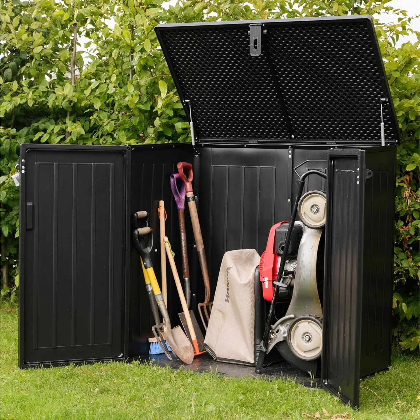 775L Waterproof Outdoor Garden Storage Box with Lid & Doors, Lockable Bin & Bike Shed