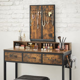 Dressing Table with Tri-Fold Mirror and Stool, 3 Drawers, Hair Dryer Holder, Industrial Rustic Brown & Black