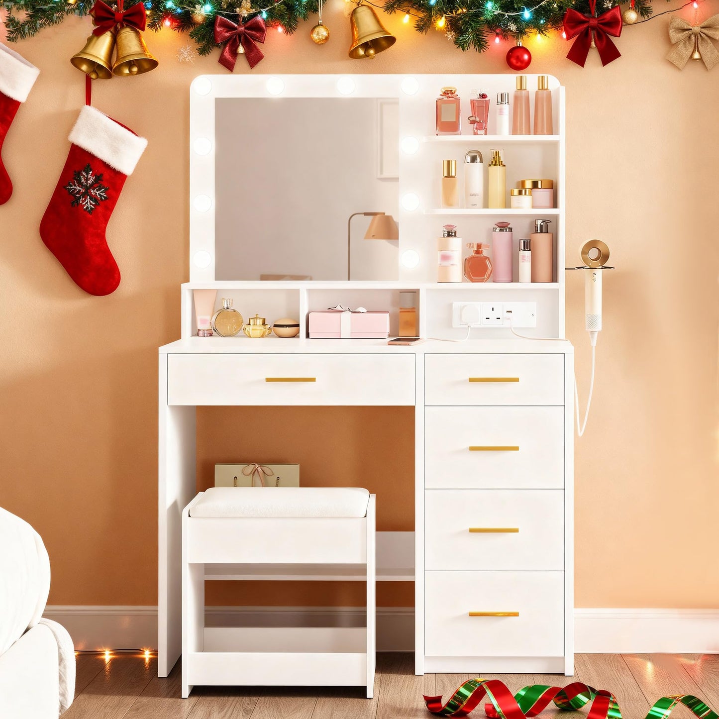 Dressing Table with Mirror & 3-Color LED Lights, 6 Storage Areas, Stool, White
