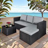 3 Piece Rattan Garden Furniture Set with Cushioned Sofa, Footstool & Glass Table Grey
