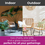 4 Piece Rattan Garden Furniture Set with Sofa, Chairs & Glass Coffee Table Natural
