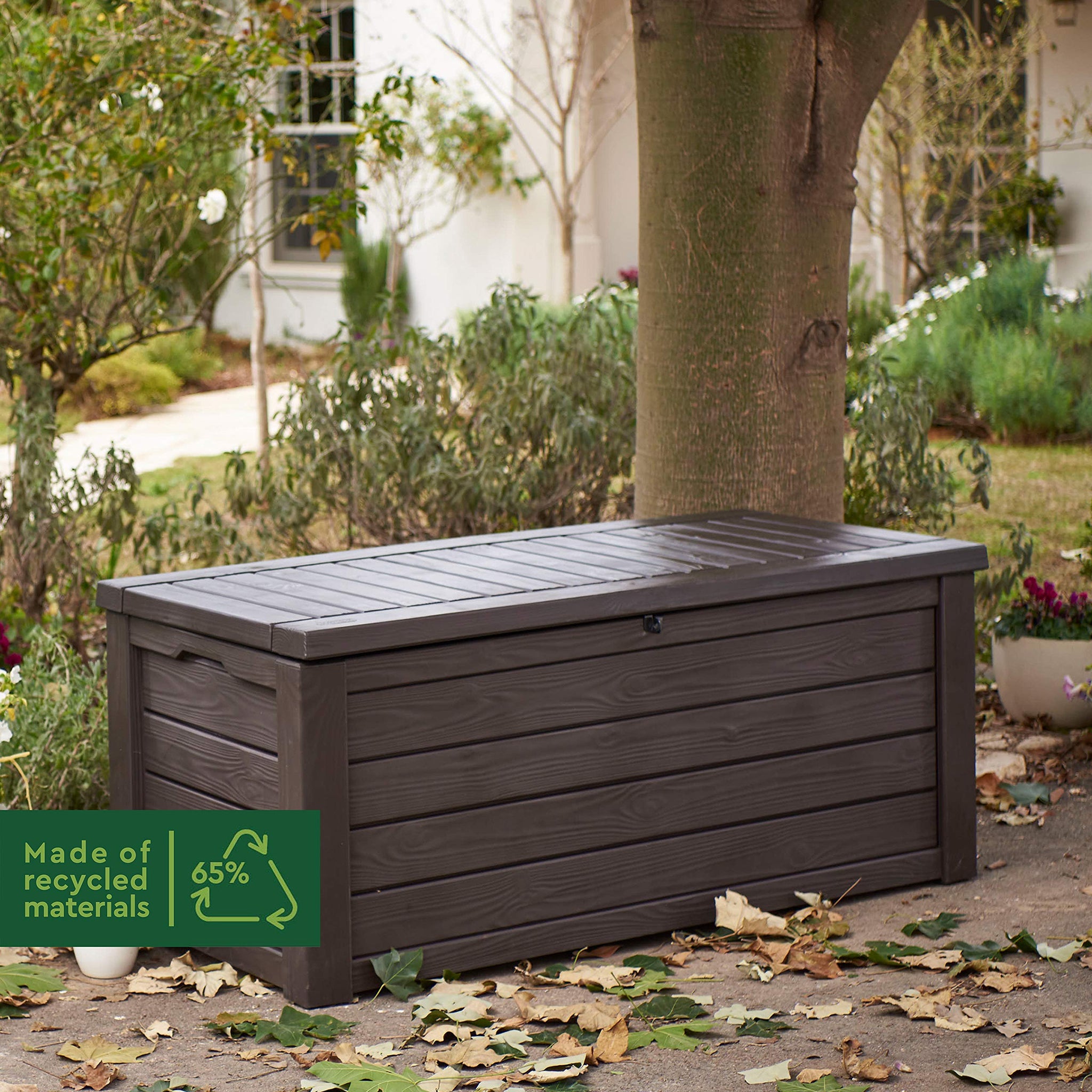 570L Outdoor Garden Storage Box, Brown Wood Panel Effect, Lockable, All-Weather, Fade-Free