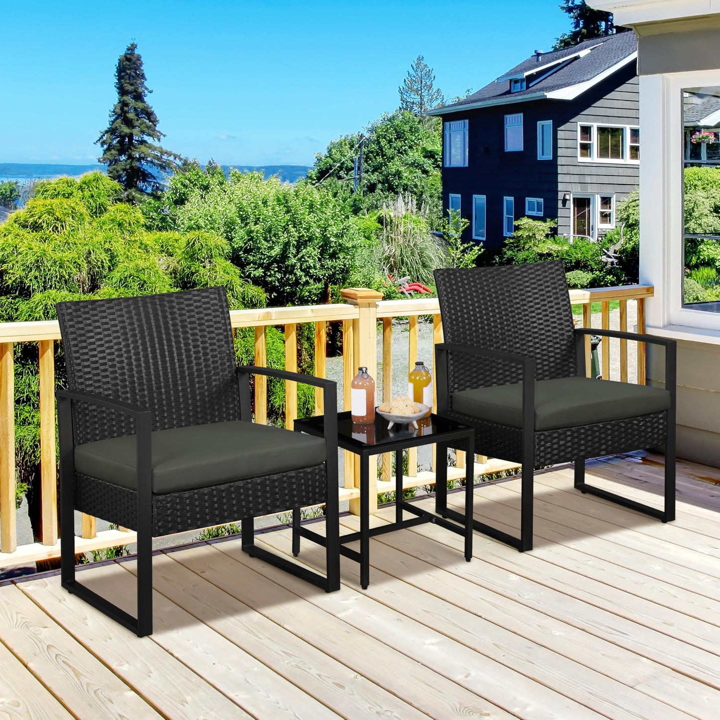 3 Piece Rattan Garden Bistro Set with Cushioned Chairs & Glass Table Black Grey
