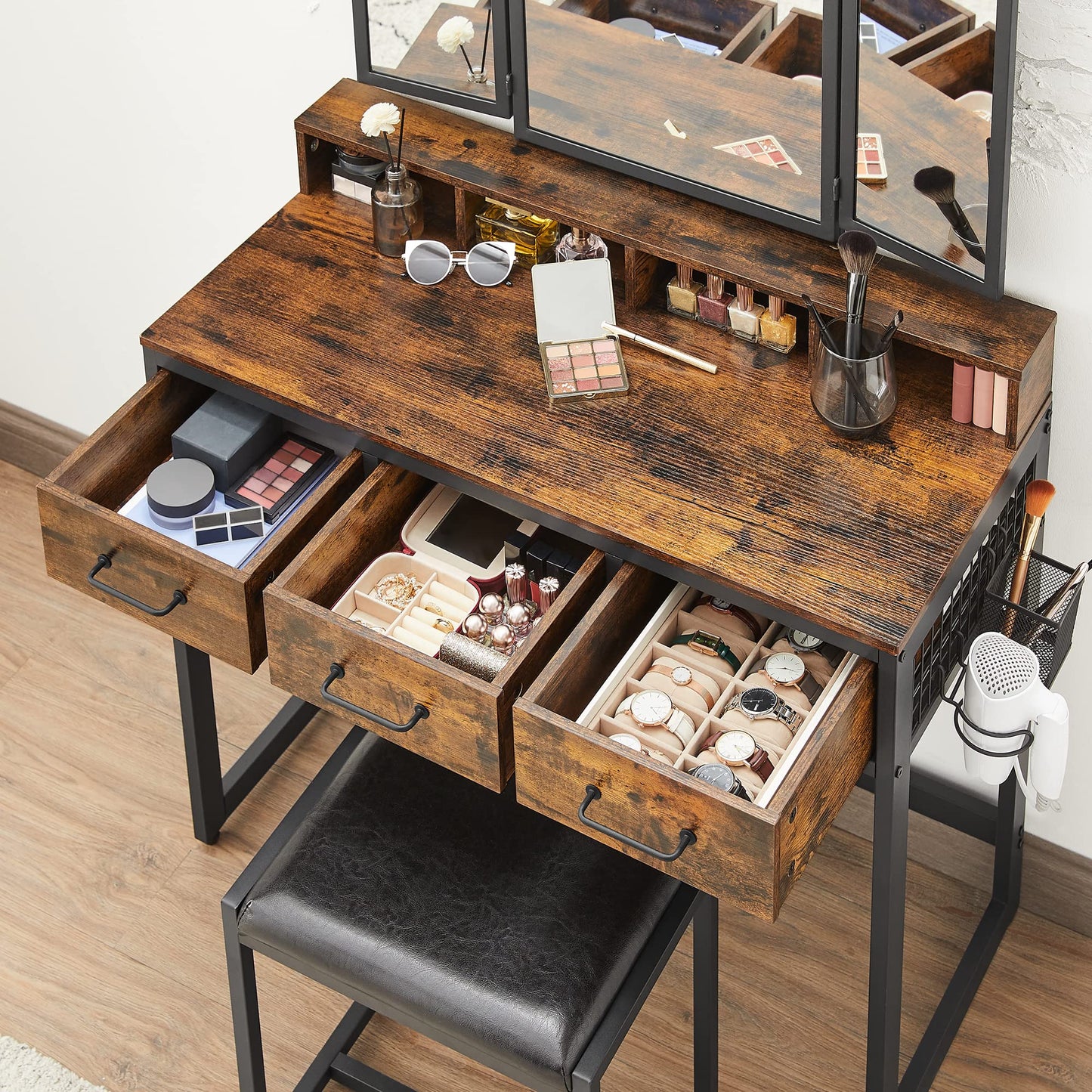 Dressing Table with Tri-Fold Mirror and Stool, 3 Drawers, Hair Dryer Holder, Industrial Rustic Brown & Black