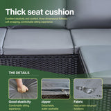 3 Piece Rattan Garden Furniture Set with Cushioned Sofa, Footstool & Glass Table Grey